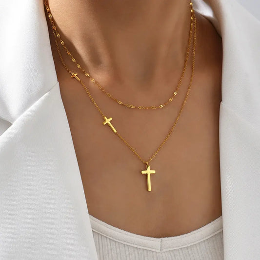 Jewelry - Double Layered Cross Pendant Collarbone Chain Necklace