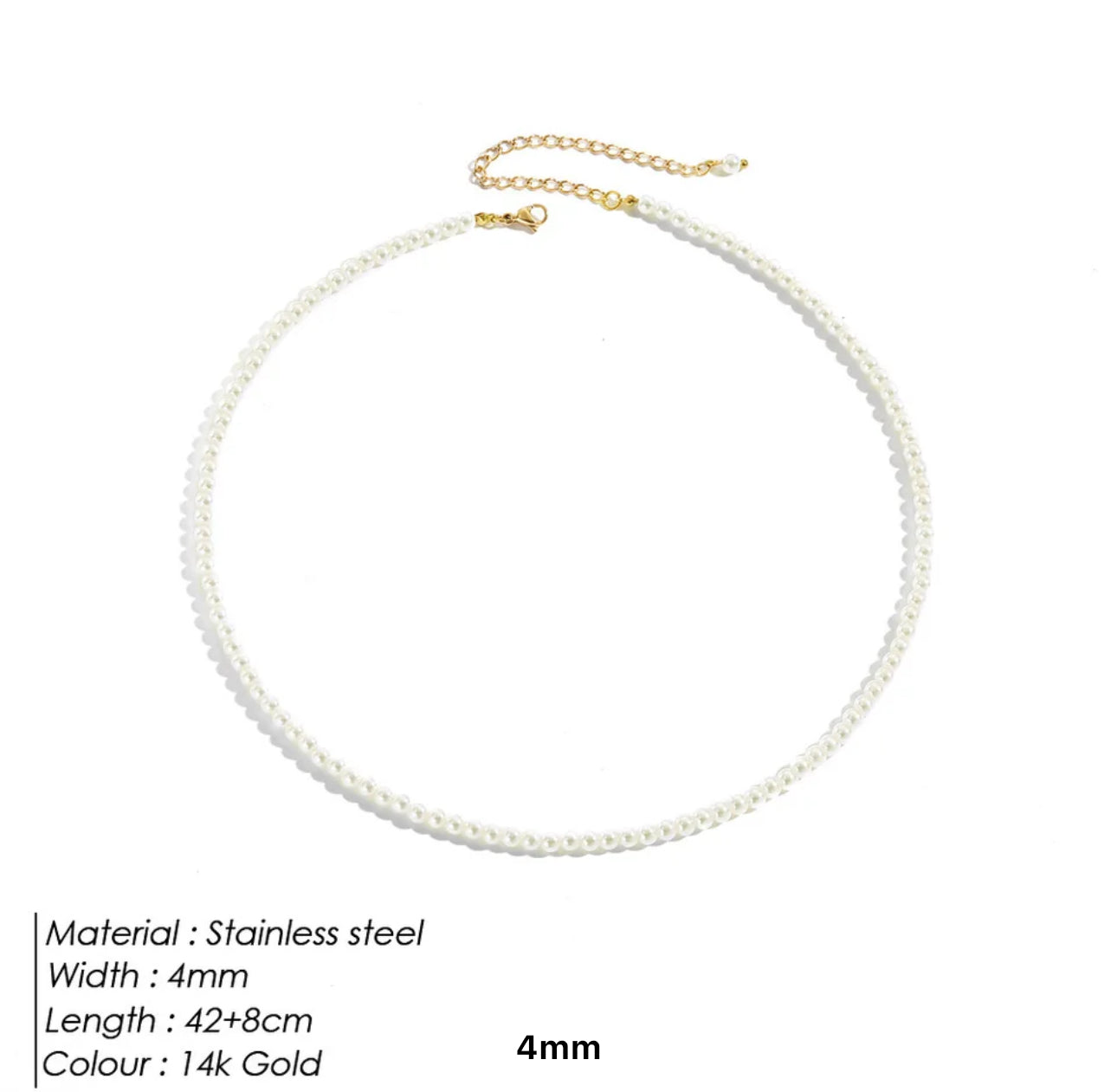 Pearl Necklace Round Multi Size 3,4,6, and 8 mm White Pearls Stainless Steel Necklace Collarbone Chain