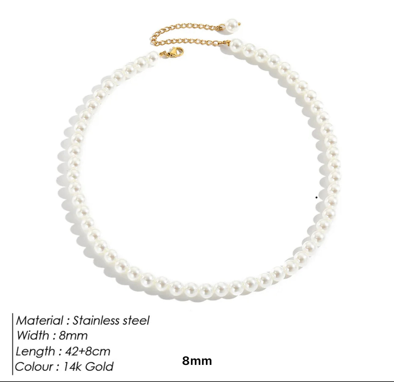 Pearl Necklace Round Multi Size 3,4,6, and 8 mm White Pearls Stainless Steel Necklace Collarbone Chain