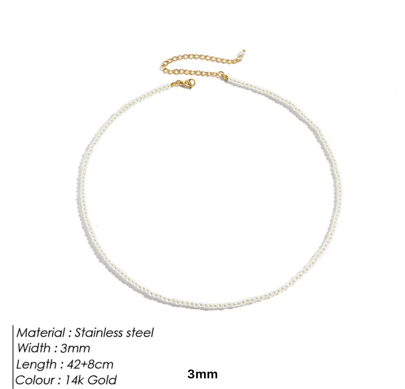 Pearl Necklace Round Multi Size 3,4,6, and 8 mm White Pearls Stainless Steel Necklace Collarbone Chain