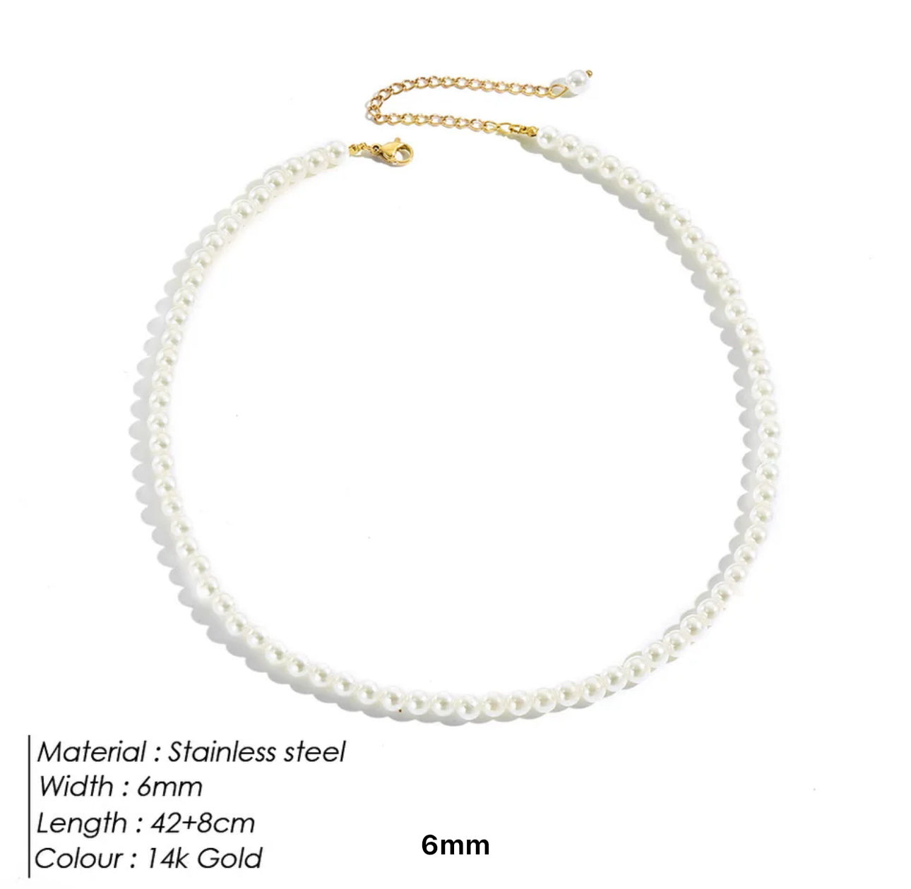 Pearl Necklace Round Multi Size 3,4,6, and 8 mm White Pearls Stainless Steel Necklace Collarbone Chain