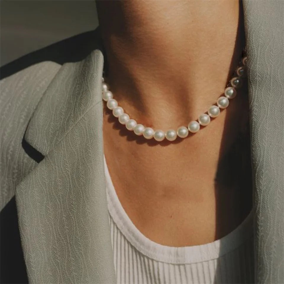 Pearl Necklace Round Multi Size 3,4,6, and 8 mm White Pearls Stainless Steel Necklace Collarbone Chain