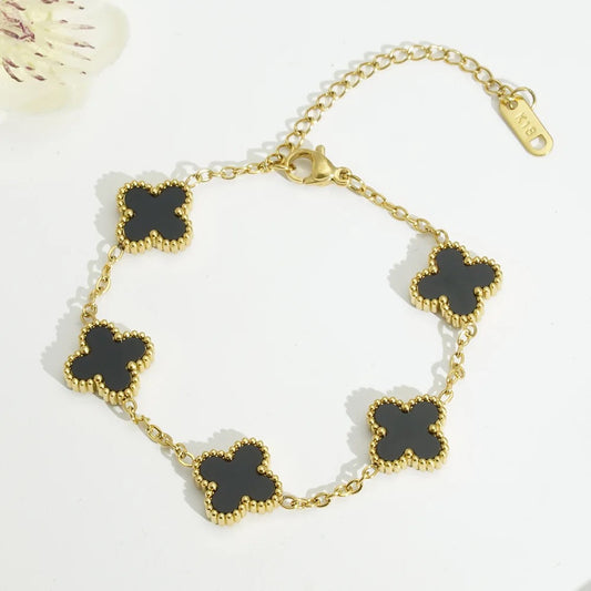 Black - Clover Flower Chain Bracelets Stainless Steel 18K Gold Silver 4 Four Leaf Clover Bracelet With Diamond